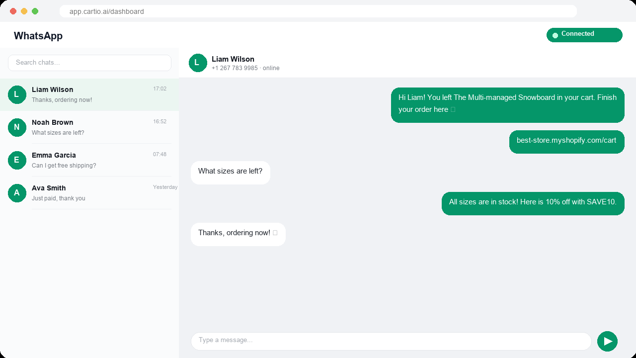 Cartio WhatsApp channel configuration